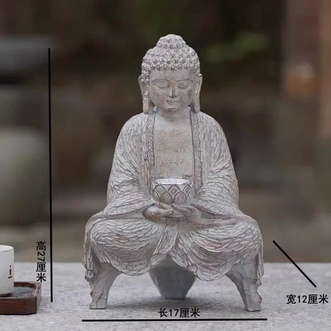 Aged Stone-Effect Buddha Statue with Solar Glowing Lotus