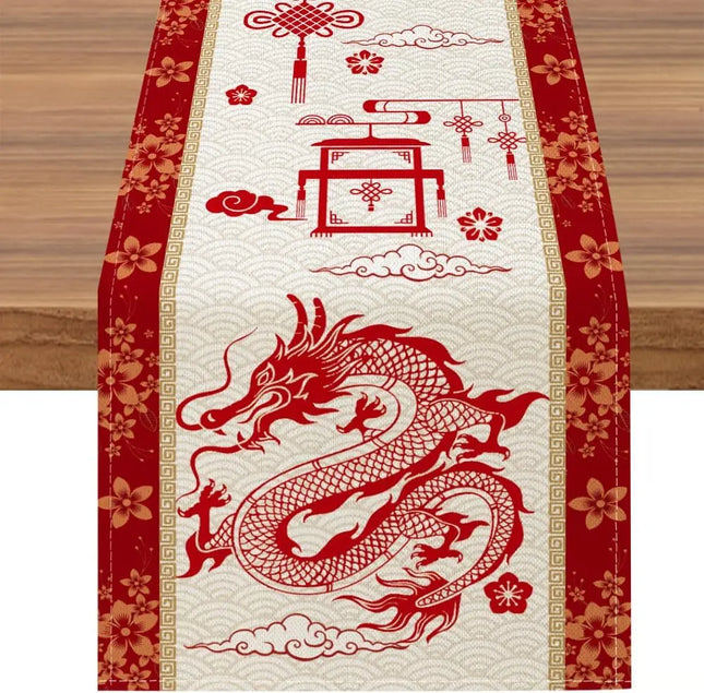 Auspicious Red Dragon Linen Table Runner for Festive Dining