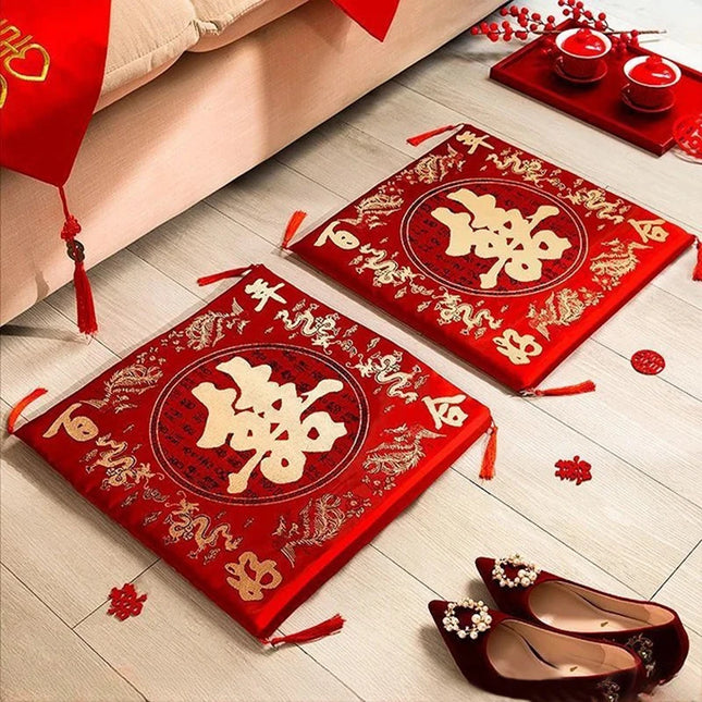 Auspicious Crimson Silk Satin Embroidered Wedding Kneeling Cushion