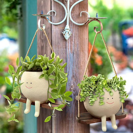 Rustic Resin Swinging Face Planter with Natural Jute Rope