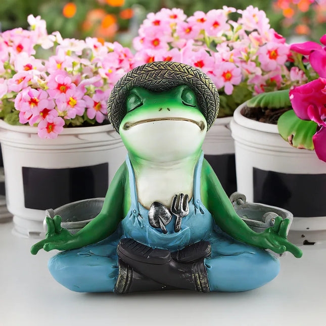 Meditating Zen Frog Garden Statue with Woven Hat & Dungarees