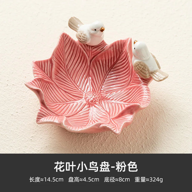 Hand-Finished Petal Ceramic Bowl with Perched Songbirds