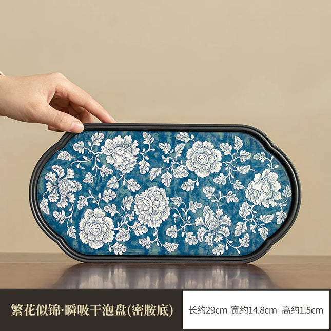 Scalloped Blue Lotus Ceramic Tea Tray for Mindful Rituals