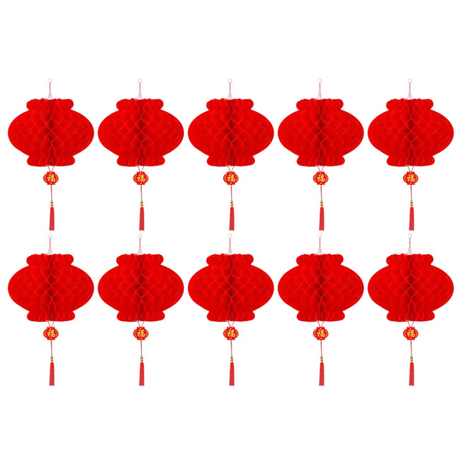 Traditional Red Honeycomb Asian Lanterns with Fortune Tassels