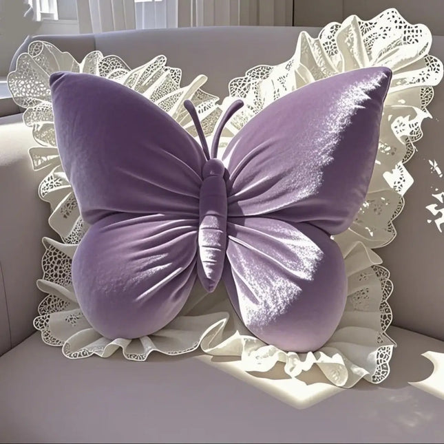 Victorian Rose Velvet Butterfly Cushion with Scalloped Lace