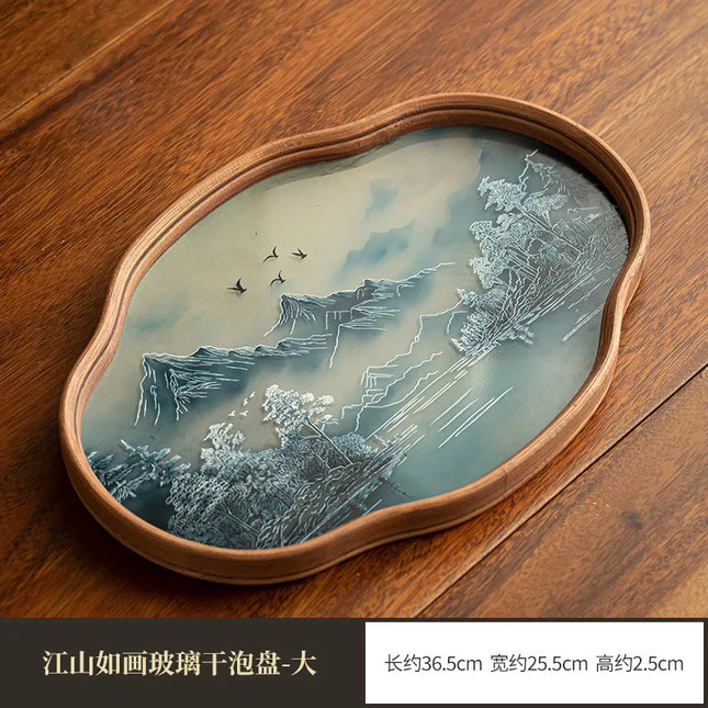 Handmade Begonia Glass Tea Tray with Serene Mountain Art