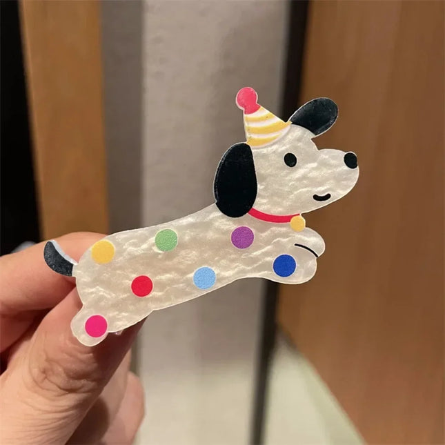 Playful Pup Marbled Acrylic Hair Clips with Party Hats