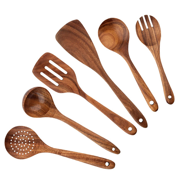 Hand-Carved Rich Grain Wooden Utensil Set with Storage Pot