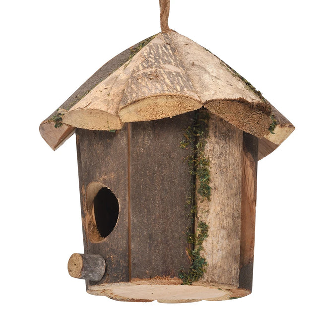 Handcrafted Bark-Clad Garden Birdhouse with Moss