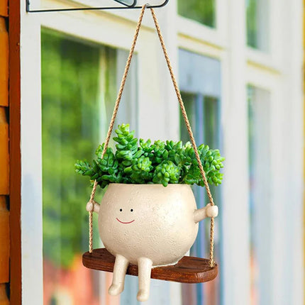 Rustic Resin Swinging Face Planter with Natural Jute Rope