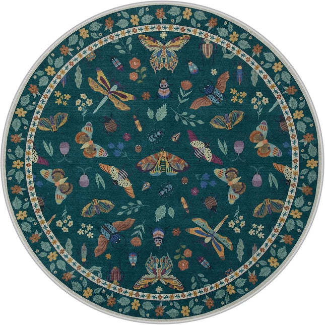 Botanical Meadow Insect Round Rug in Soft Sage Plush