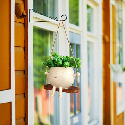 Rustic Resin Swinging Face Planter with Natural Jute Rope