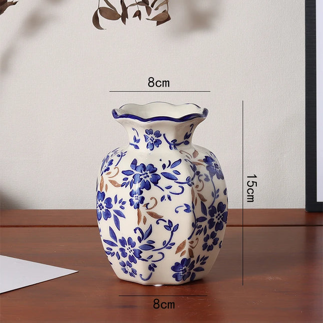 Octagonal Blue and White Porcelain Floral Vase with Scalloped Rim