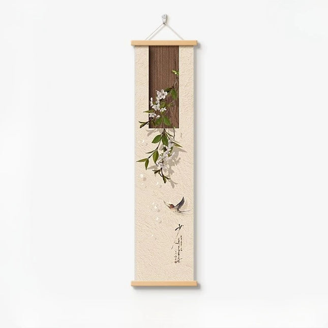 Japanese Blossom Fabric Wall Scroll with Wooden Hangers
