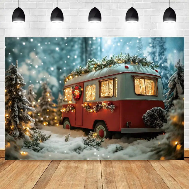 Vintage Red Caravan Festive Backdrop for Christmas Portraits