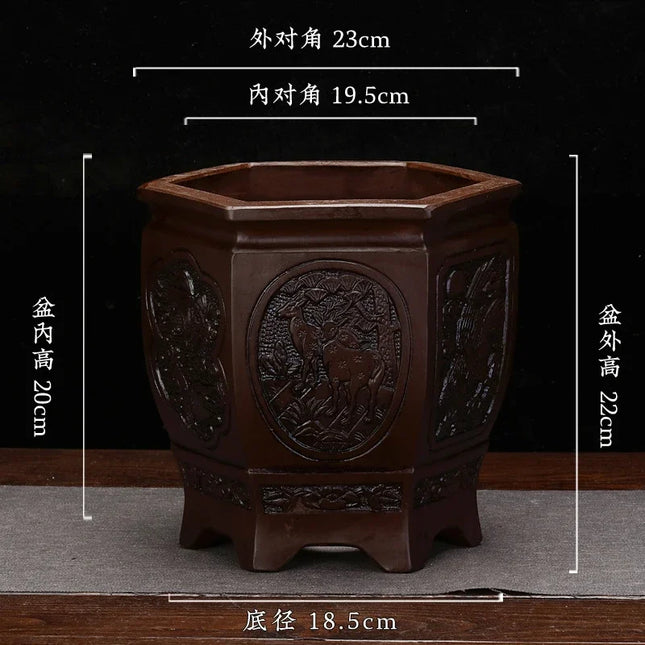 Hand-Carved Purple Clay Bonsai Pot with Antique Motif