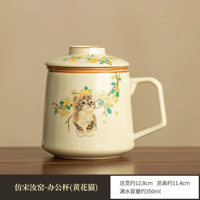 Zenith Blossom Hand-Painted Ceramic Cat Mug with Infuser