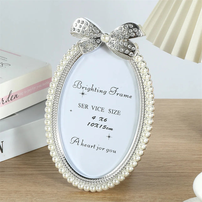 Vintage Pearl & Jeweled Bow Oval Keepsake Photo Frame