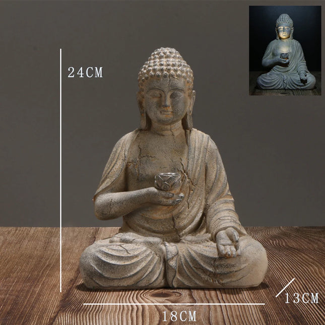 Antique Stone Meditating Buddha Statue with Solar Lotus Glow