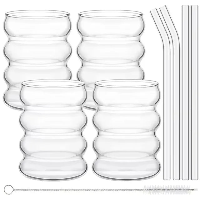 Architectural Wavy Ribbed Glass Tumbler Set with Straws