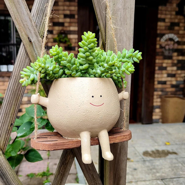 Rustic Resin Swinging Face Planter with Natural Jute Rope