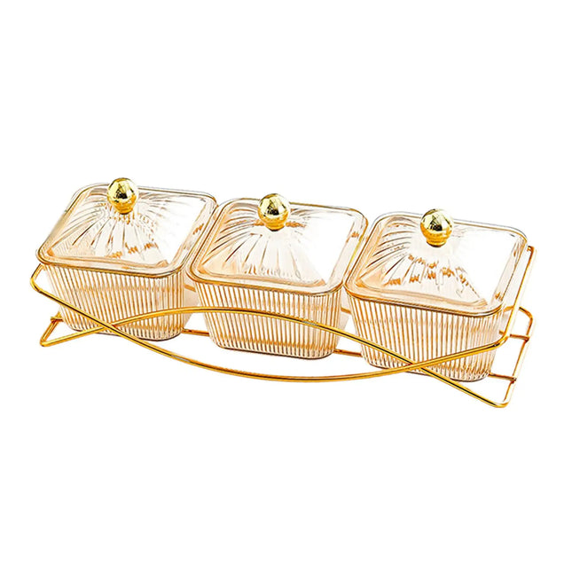 Art Deco Ribbed Divided Snack Server with Gold Tiered Stand