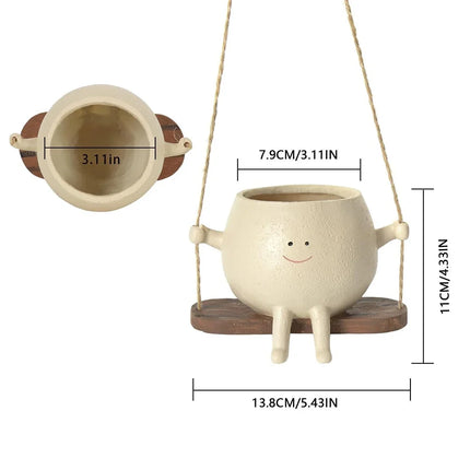 Rustic Resin Swinging Face Planter with Natural Jute Rope
