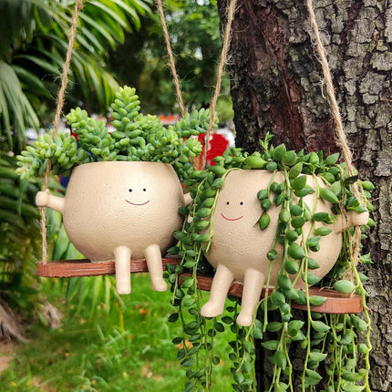 Rustic Resin Swinging Face Planter with Natural Jute Rope