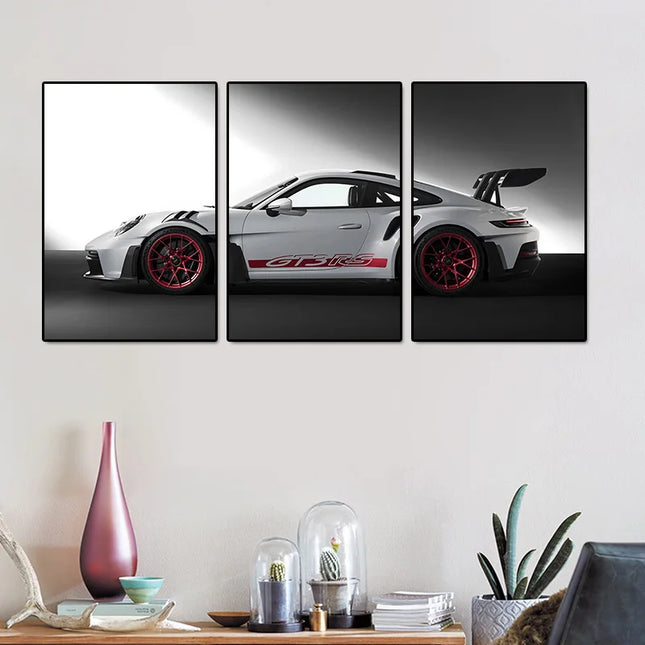 Sleek Black Racing GT3 RS Triptych Canvas Wall Art