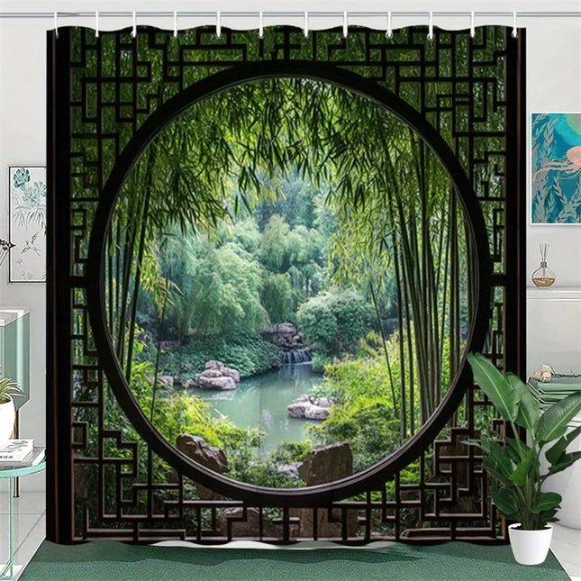 Tranquil Moon Gate Garden Bamboo Print Shower Curtain